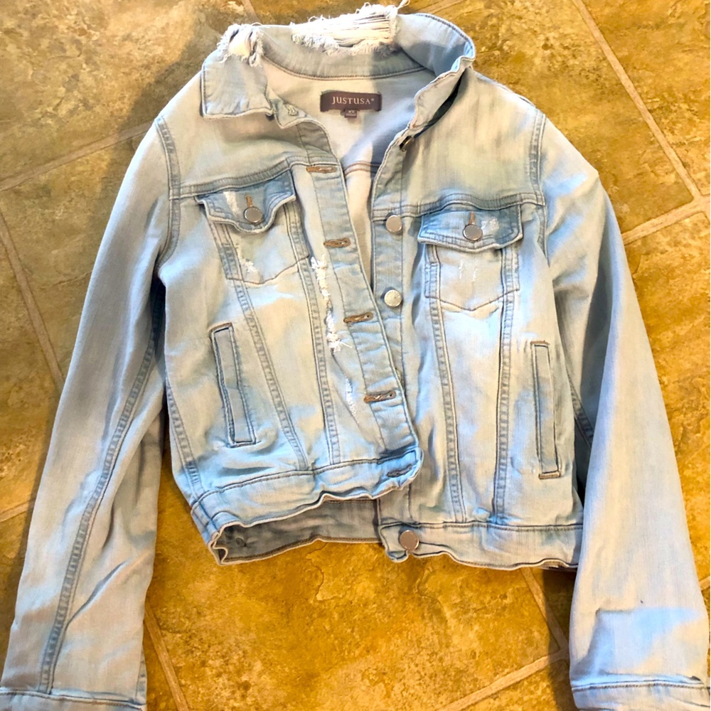Distressed jean jacket, size XS, light denim